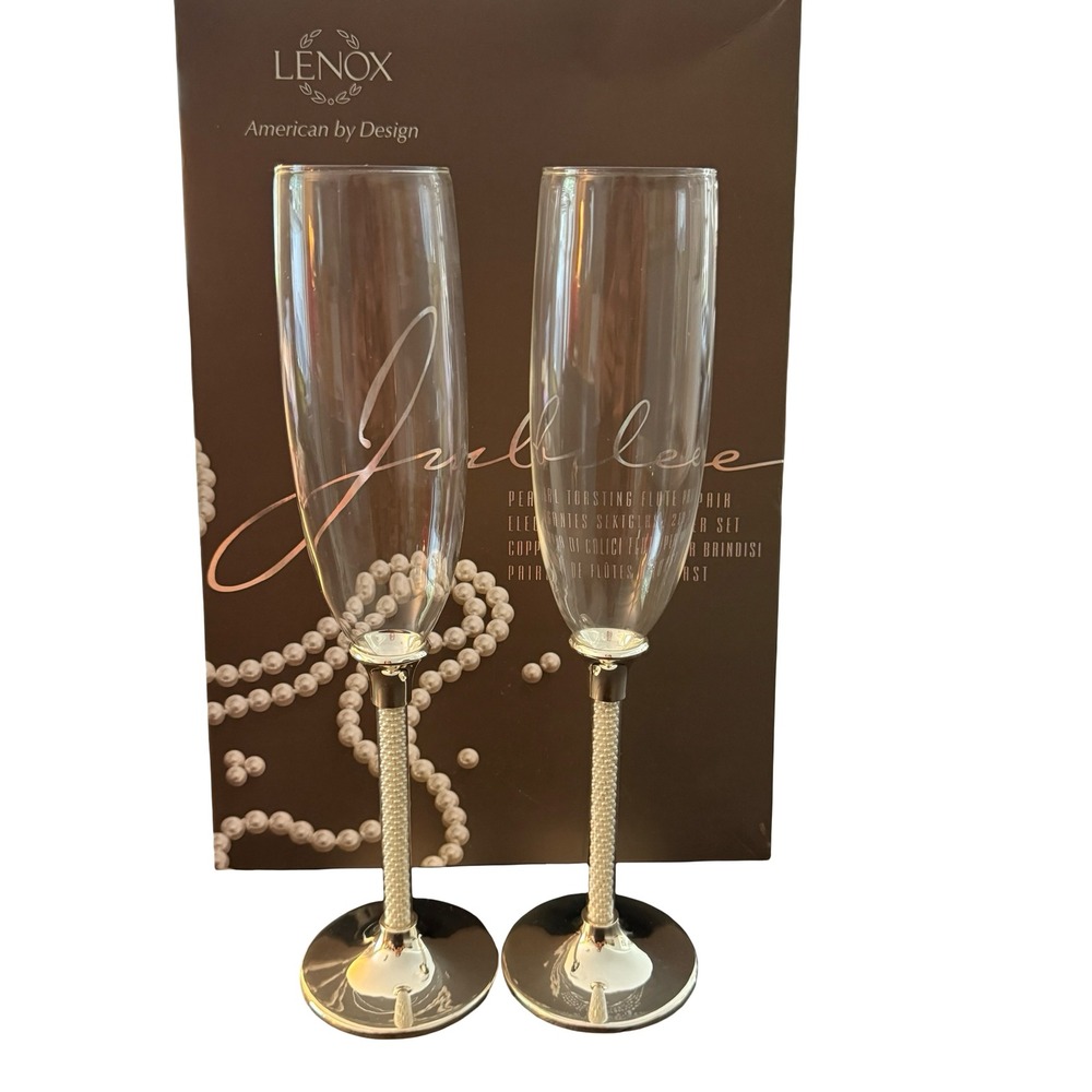 Lenox Jubilee Pearl Toasting Flute Pair 7oz Silver Silverplate Wedding Toast Box